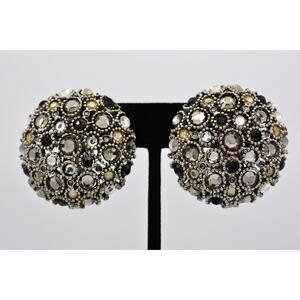 Craft Crystal Clip On Earrings Black Gray Gunmetal Round Chunky Signed 80s BinAO